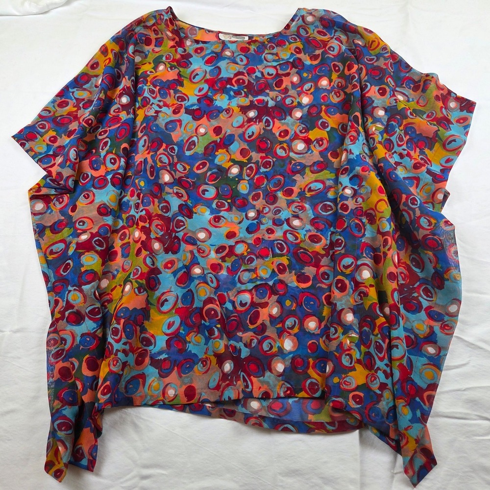 New Recruit Poncho Top Multicolor Abstract Geometric Art Sheer Scoop Neck Large